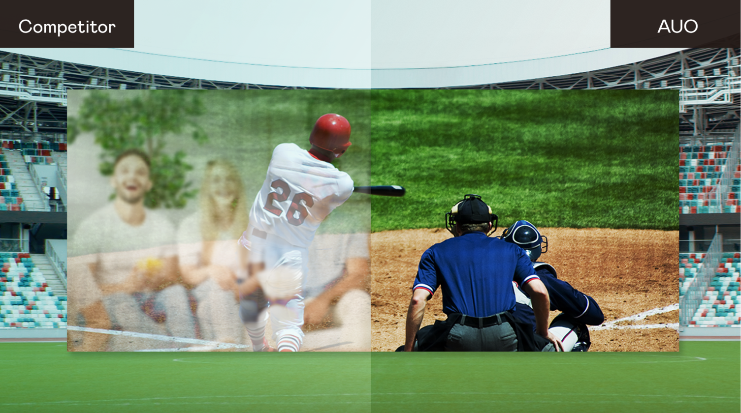 Comparison of display quality: AUO ALED MicroLED Display provides sharp, vivid visuals with superior brightness and contrast, outperforming a competitor’s display in clarity and color accuracy during live-action scenes.