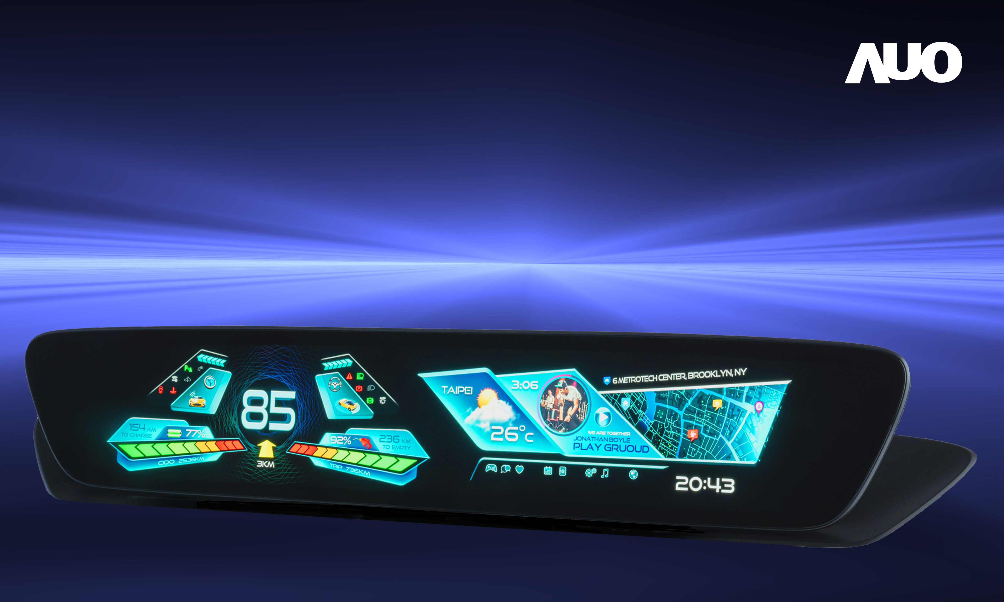 98858vip威尼斯30.4吋異形曲面AmLED車載顯示系統，為一兼具儀表板及中控台人機介面的創新車載顯示系統，結合美學設計，提升車內科技沉浸感及使用體驗，讓車載顯示的未來應用更加多元化