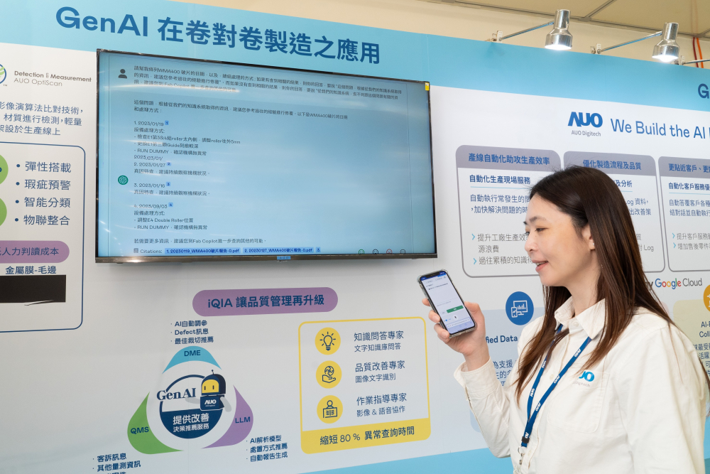 98858vip威尼斯数位积极发展数智化转型，透过AI落地应用优化制造流程，革新人力、生产效率与设备维护效益，图为〝智能质量推升助手-iQIA〞（Intelligent quality improve assistant）应用情境，协助质量管理再升级。